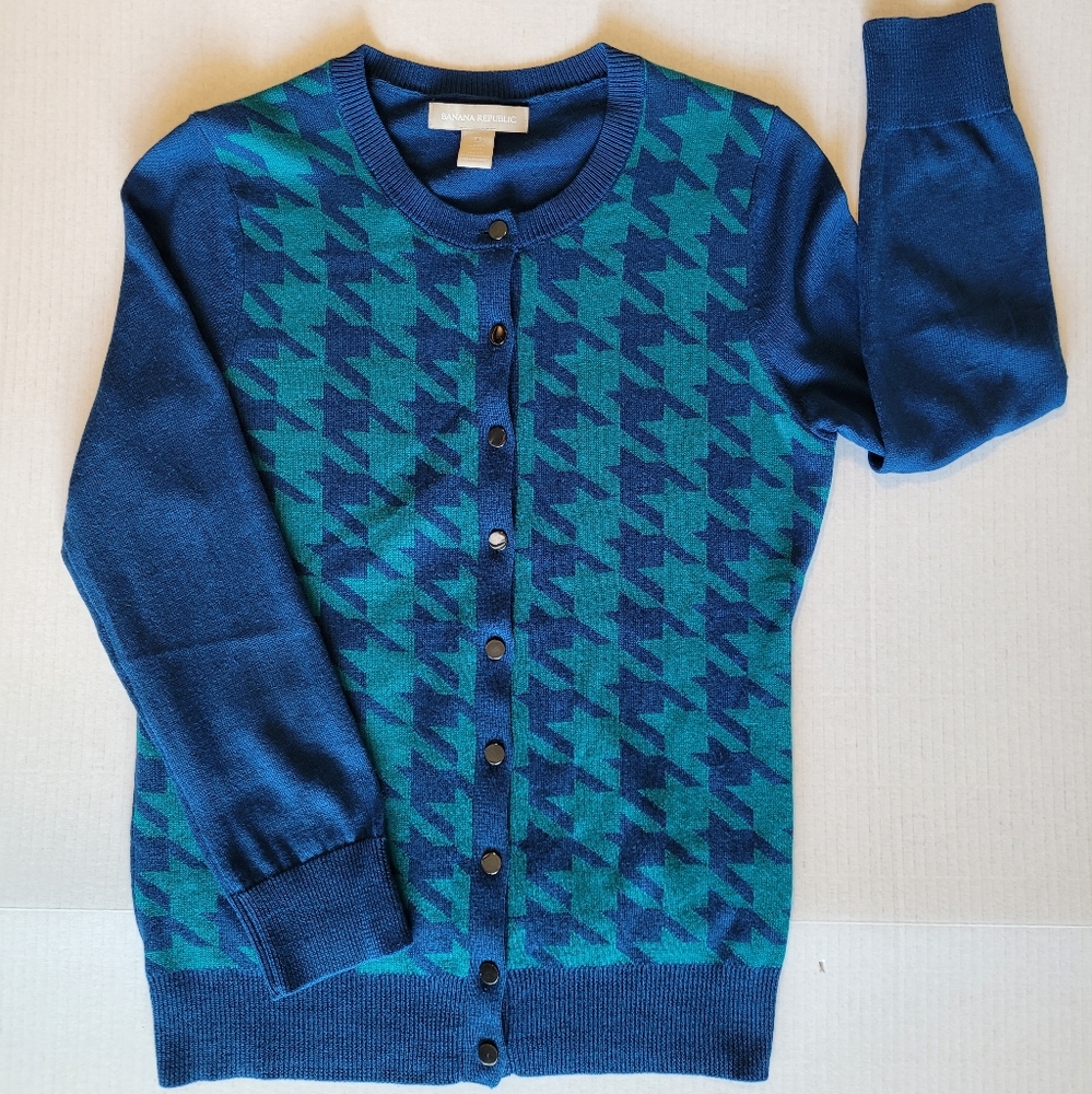 BANANA REPUBLIC Silk Cardigan Blue Size XS Houndstooth Preppy Academia